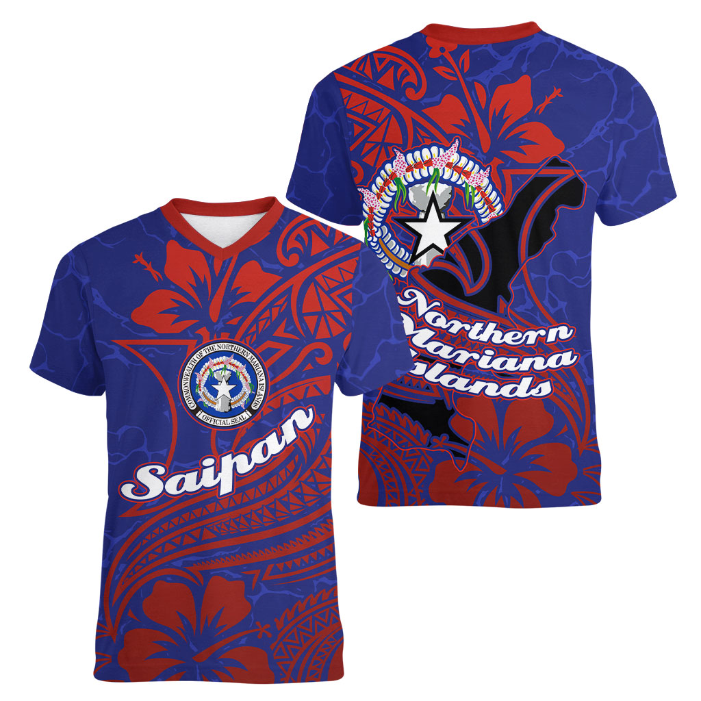 Saipan Northern Mariana Islands Women V-Neck T-Shirt Polynesian Tribal Tattoo Art With Hibiscus Flowers And Seal