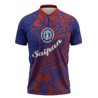 Saipan Northern Mariana Islands Zipper Polo Shirt Polynesian Tribal Tattoo Art With Hibiscus Flowers And Seal