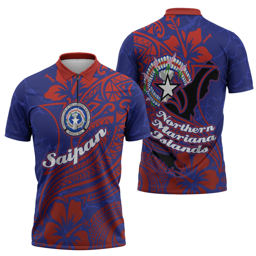 Saipan Northern Mariana Islands Zipper Polo Shirt Polynesian Tribal Tattoo Art With Hibiscus Flowers And Seal