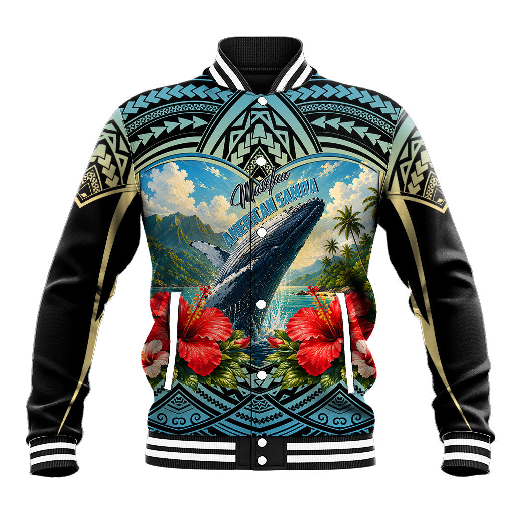 Personalized Masefau American Samoa Whale Baseball Jacket Polynesian Tribal Pattern Tropical Hibiscus TS04 Unisex Black Blue - Polynesian Pride