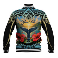 Personalized Masefau American Samoa Whale Baseball Jacket Polynesian Tribal Pattern Tropical Hibiscus