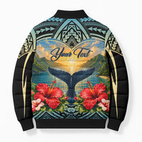 Personalized Masefau American Samoa Whale Bomber Puffer Jacket Polynesian Tribal Pattern Tropical Hibiscus