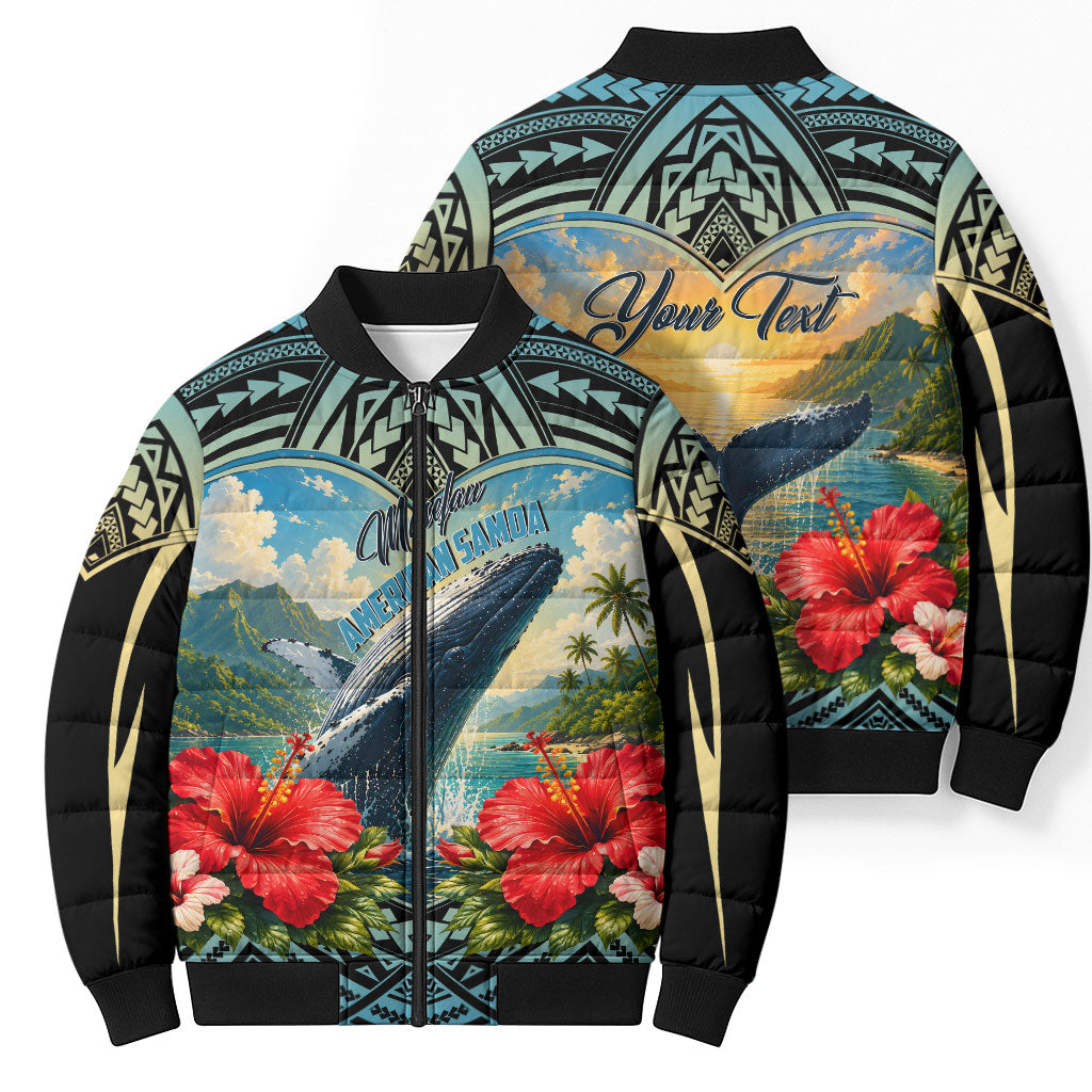Personalized Masefau American Samoa Whale Bomber Puffer Jacket Polynesian Tribal Pattern Tropical Hibiscus