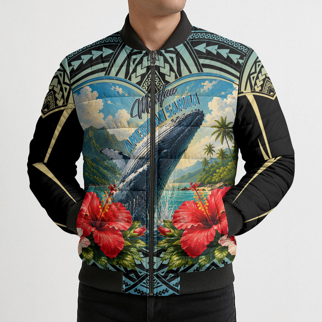 Personalized Masefau American Samoa Whale Bomber Puffer Jacket Polynesian Tribal Pattern Tropical Hibiscus
