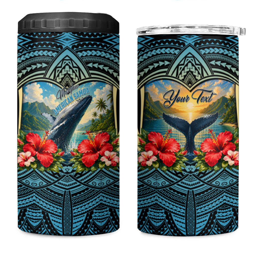 Personalized Masefau American Samoa Whale 4 in 1 Can Cooler Tumbler Polynesian Tribal Pattern Tropical Hibiscus