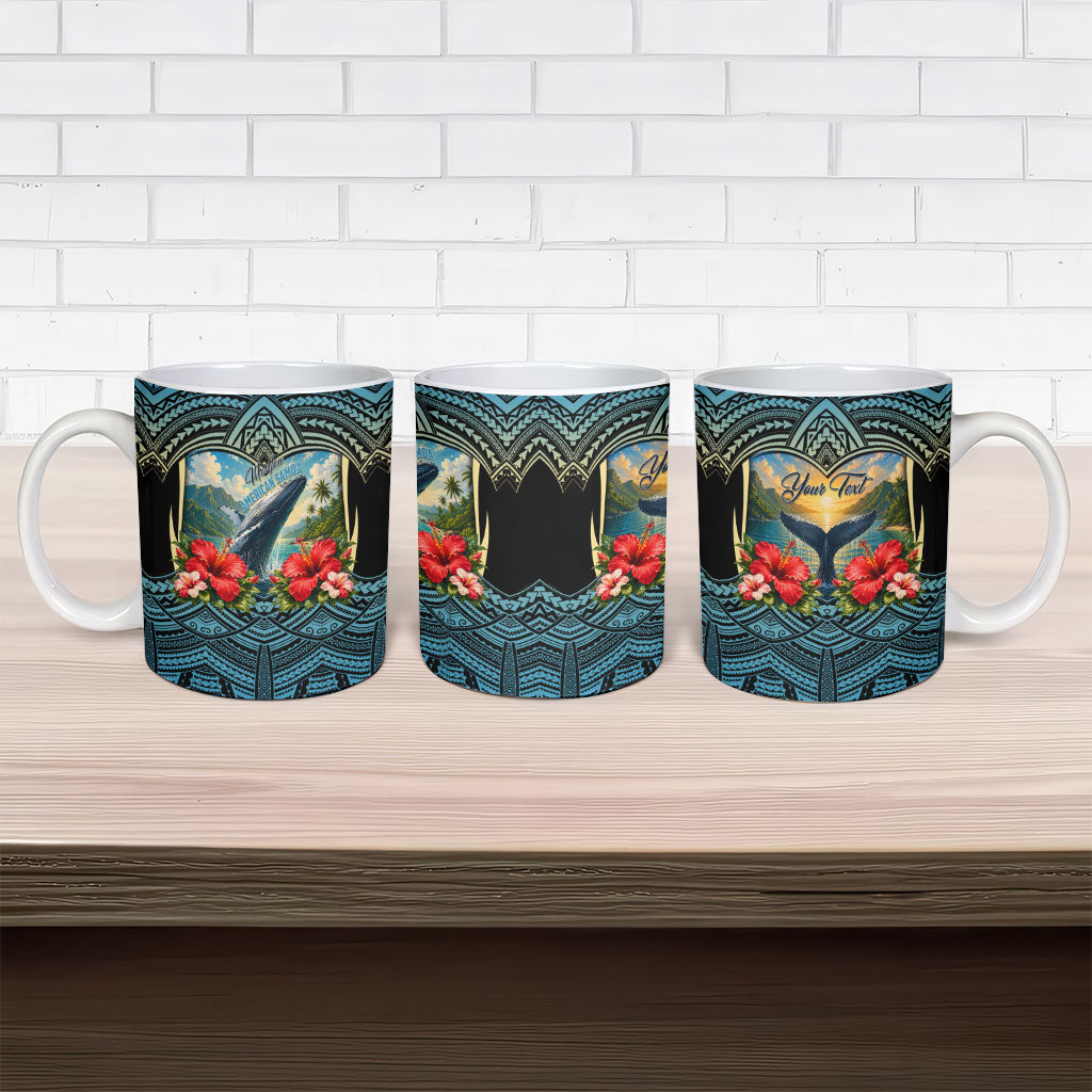 Personalized Masefau American Samoa Whale Ceramic Mug Polynesian Tribal Pattern Tropical Hibiscus
