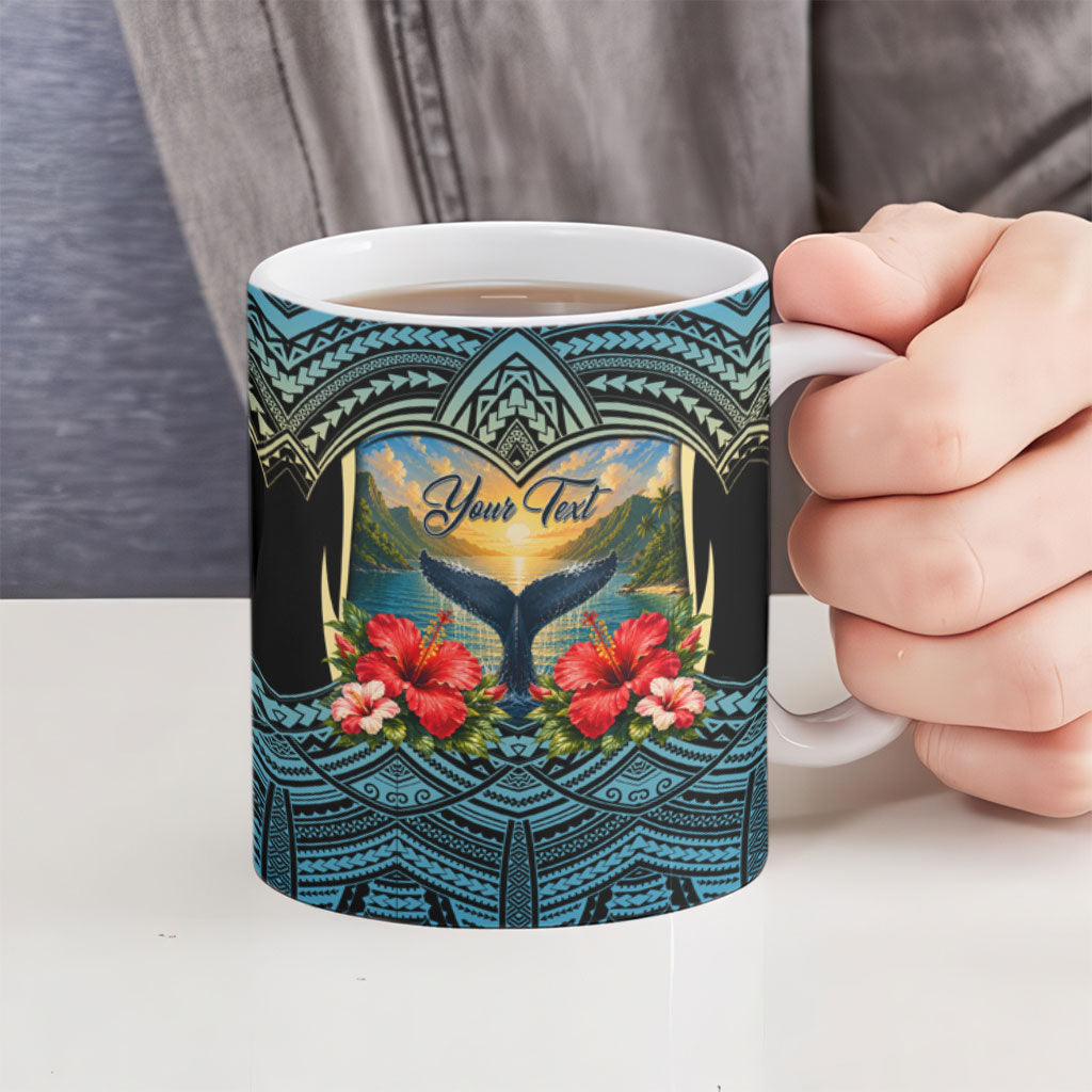 Personalized Masefau American Samoa Whale Ceramic Mug Polynesian Tribal Pattern Tropical Hibiscus