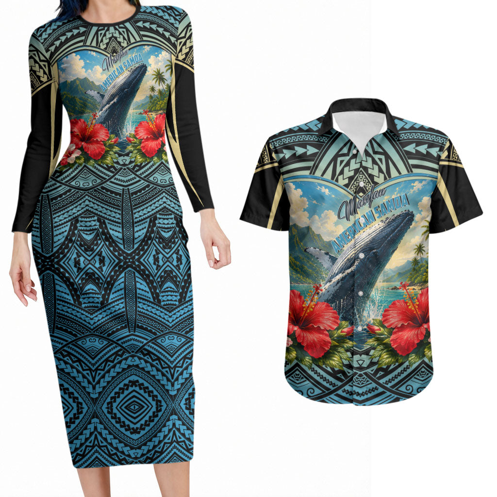 Personalized Masefau American Samoa Whale Couples Matching Long Sleeve Bodycon Dress and Hawaiian Shirt Polynesian Tribal Pattern Tropical Hibiscus