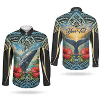 Personalized Masefau American Samoa Whale Couples Matching Mermaid Dress and Long Sleeve Button Shirt Polynesian Tribal Pattern Tropical Hibiscus