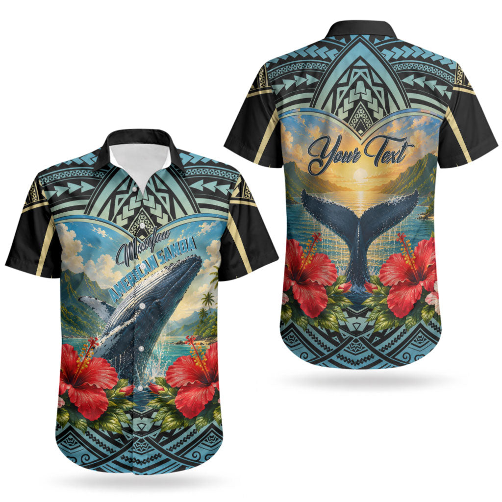 Personalized Masefau American Samoa Whale Couples Matching Off Shoulder Short Dress and Hawaiian Shirt Polynesian Tribal Pattern Tropical Hibiscus