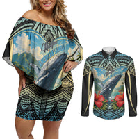 Personalized Masefau American Samoa Whale Couples Matching Off Shoulder Short Dress and Long Sleeve Button Shirt Polynesian Tribal Pattern Tropical Hibiscus