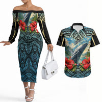 Personalized Masefau American Samoa Whale Couples Matching Off The Shoulder Long Sleeve Dress and Hawaiian Shirt Polynesian Tribal Pattern Tropical Hibiscus