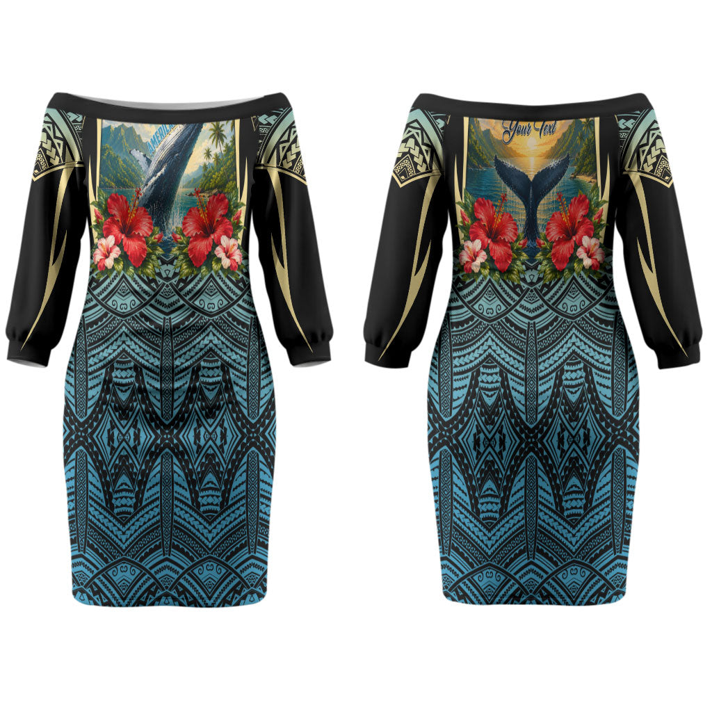 Personalized Masefau American Samoa Whale Couples Matching Off The Shoulder Long Sleeve Dress and Long Sleeve Button Shirt Polynesian Tribal Pattern Tropical Hibiscus
