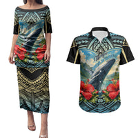 Personalized Masefau American Samoa Whale Couples Matching Puletasi and Hawaiian Shirt Polynesian Tribal Pattern Tropical Hibiscus