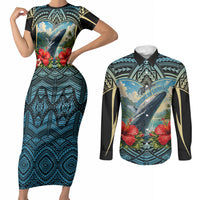 Personalized Masefau American Samoa Whale Couples Matching Short Sleeve Bodycon Dress and Long Sleeve Button Shirt Polynesian Tribal Pattern Tropical Hibiscus