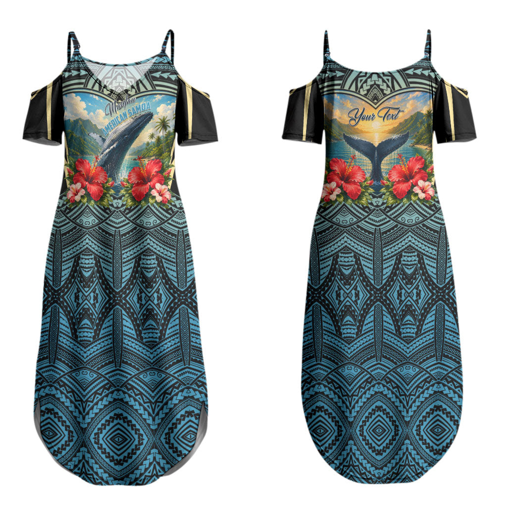 Personalized Masefau American Samoa Whale Couples Matching Summer Maxi Dress and Long Sleeve Button Shirt Polynesian Tribal Pattern Tropical Hibiscus
