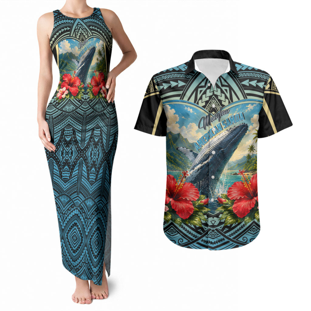 Personalized Masefau American Samoa Whale Couples Matching Tank Maxi Dress and Hawaiian Shirt Polynesian Tribal Pattern Tropical Hibiscus