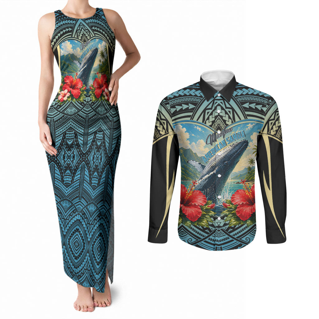 Personalized Masefau American Samoa Whale Couples Matching Tank Maxi Dress and Long Sleeve Button Shirt Polynesian Tribal Pattern Tropical Hibiscus