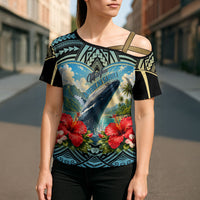 Personalized Masefau American Samoa Whale Cross Shoulder Shirt Polynesian Tribal Pattern Tropical Hibiscus