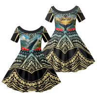 Personalized Masefau American Samoa Whale Family Matching Long Sleeve Bodycon Dress and Hawaiian Shirt Polynesian Tribal Pattern Tropical Hibiscus