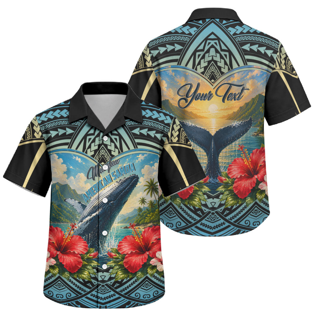 Personalized Masefau American Samoa Whale Family Matching Off The Shoulder Long Sleeve Dress and Hawaiian Shirt Polynesian Tribal Pattern Tropical Hibiscus
