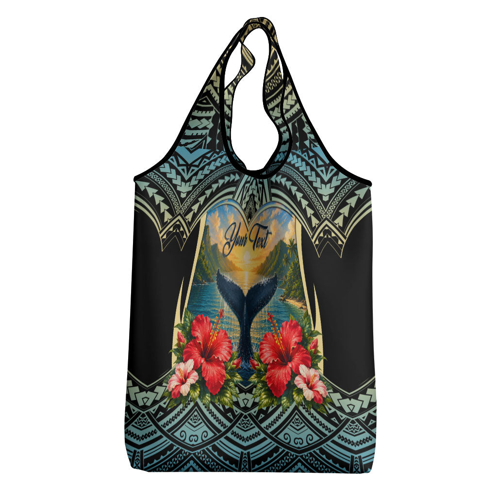 Personalized Masefau American Samoa Whale Grocery Bag Polynesian Tribal Pattern Tropical Hibiscus