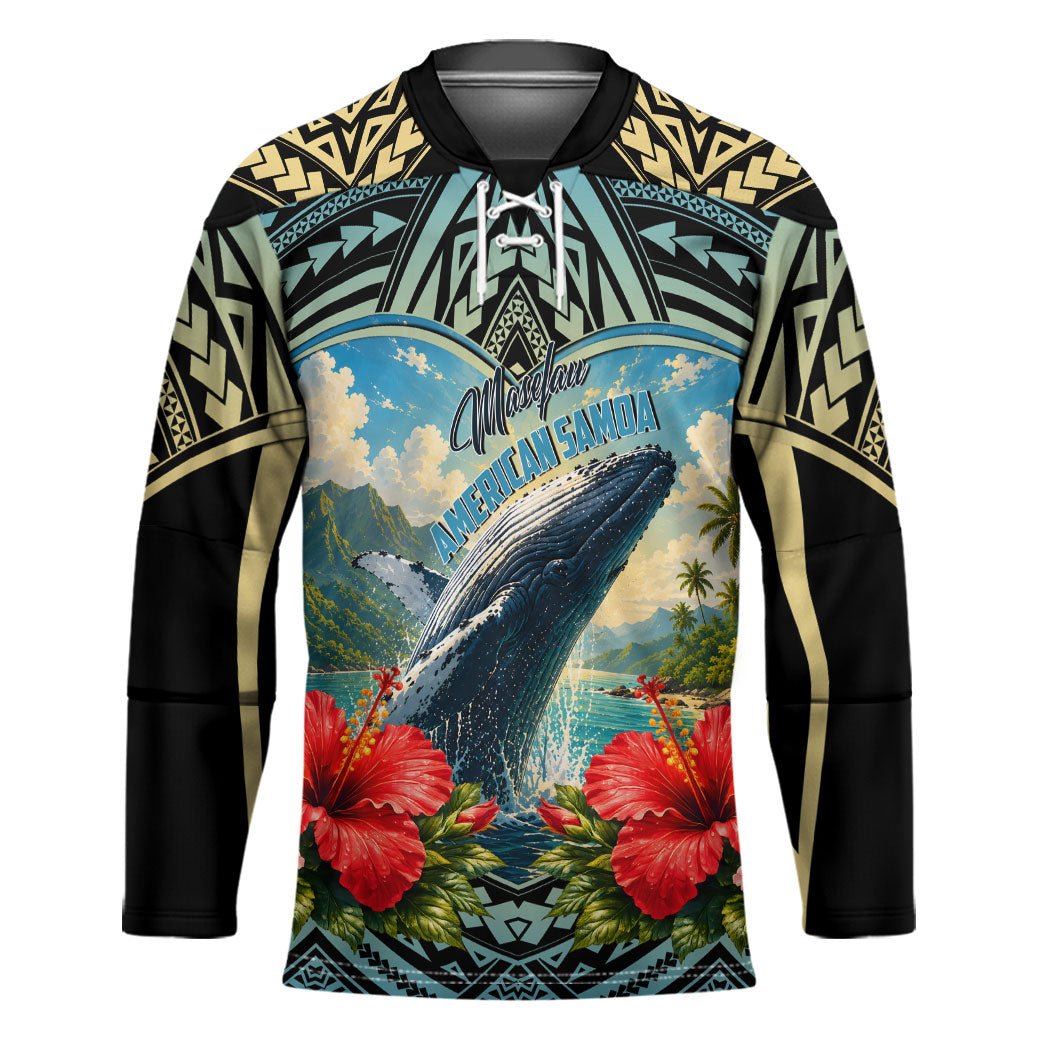 Personalized Masefau American Samoa Whale Hockey Jersey Polynesian Tribal Pattern Tropical Hibiscus