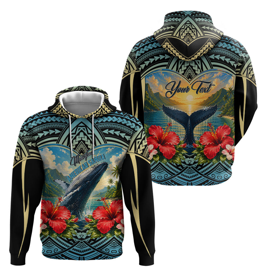 Personalized Masefau American Samoa Whale Hoodie Polynesian Tribal Pattern Tropical Hibiscus
