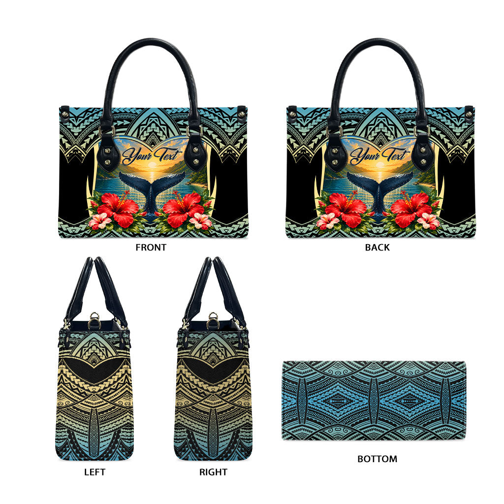 Personalized Masefau American Samoa Whale Leather Bag Polynesian Tribal Pattern Tropical Hibiscus