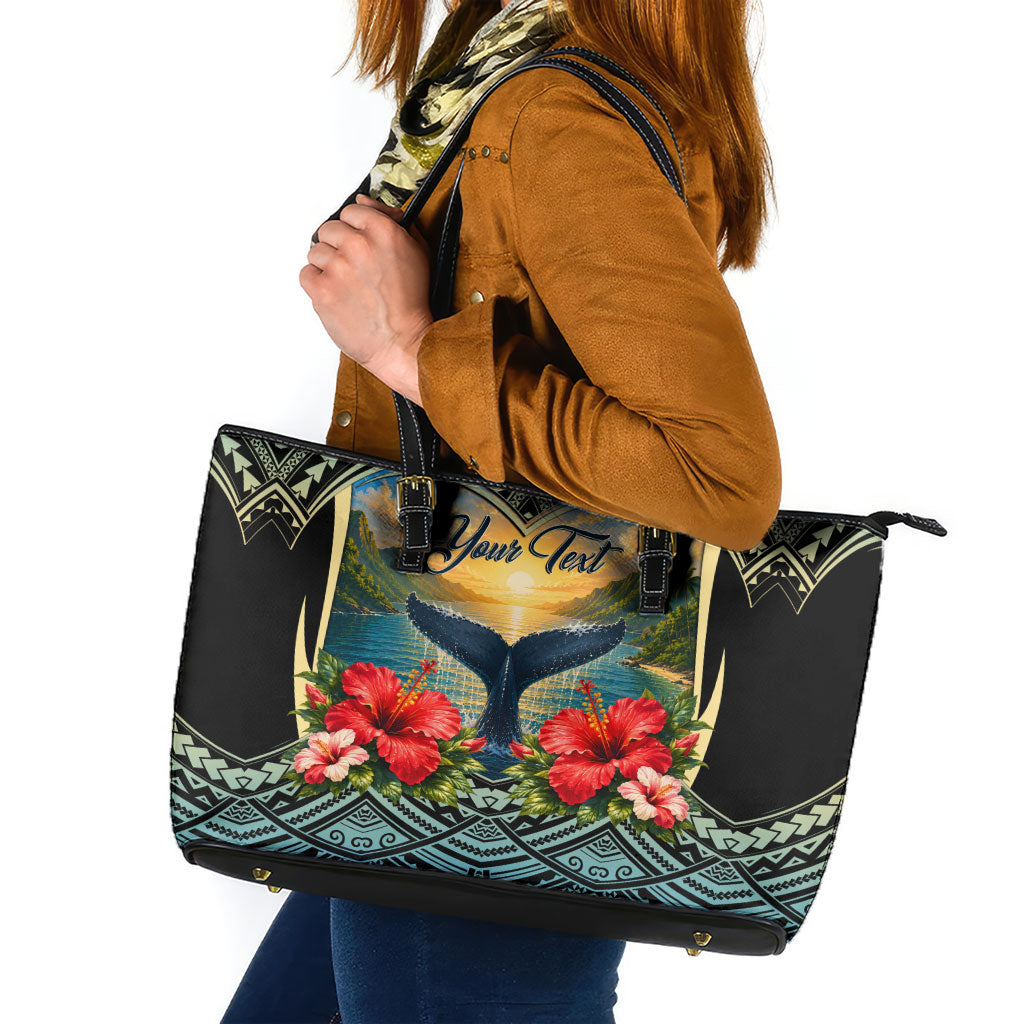 Personalized Masefau American Samoa Whale Leather Tote Bag Polynesian Tribal Pattern Tropical Hibiscus