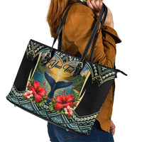 Personalized Masefau American Samoa Whale Leather Tote Bag Polynesian Tribal Pattern Tropical Hibiscus