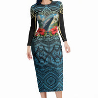 Personalized Masefau American Samoa Whale Long Sleeve Bodycon Dress Polynesian Tribal Pattern Tropical Hibiscus