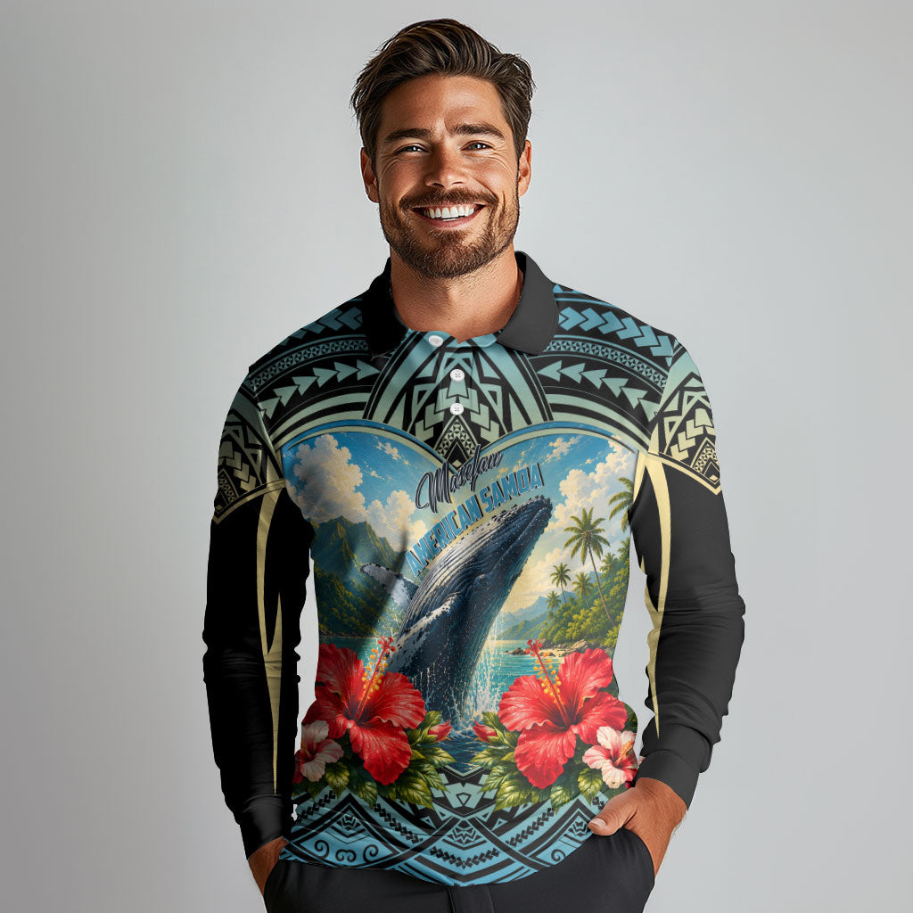 Personalized Masefau American Samoa Whale Long Sleeve Polo Shirt Polynesian Tribal Pattern Tropical Hibiscus