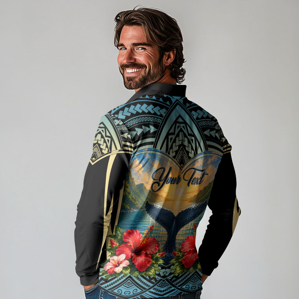 Personalized Masefau American Samoa Whale Long Sleeve Polo Shirt Polynesian Tribal Pattern Tropical Hibiscus