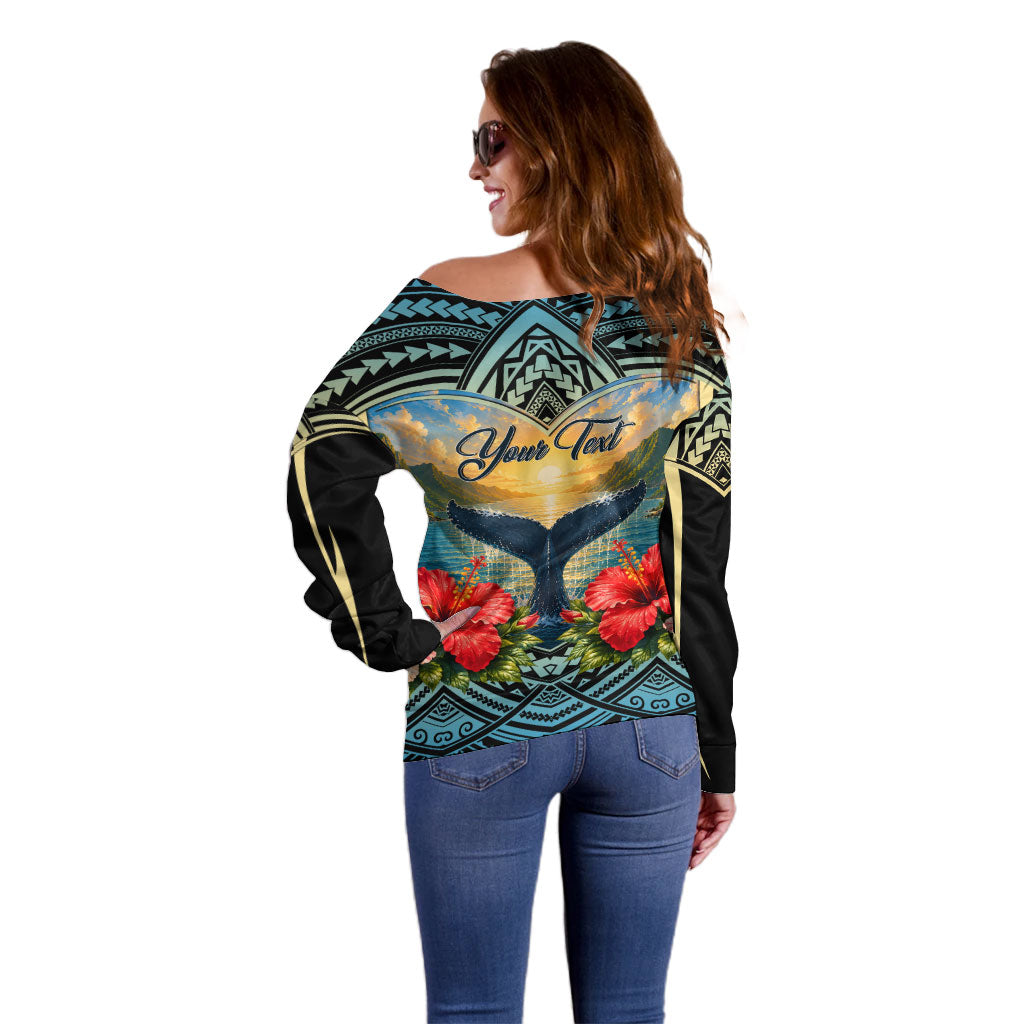 Personalized Masefau American Samoa Whale Off Shoulder Sweater Polynesian Tribal Pattern Tropical Hibiscus