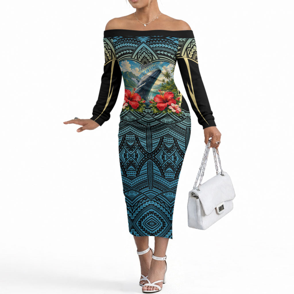 Personalized Masefau American Samoa Whale Off The Shoulder Long Sleeve Dress Polynesian Tribal Pattern Tropical Hibiscus