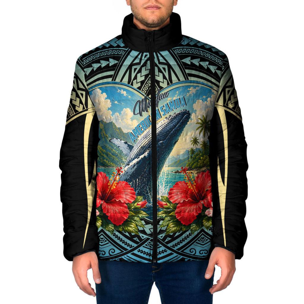 Personalized Masefau American Samoa Whale Padded Jacket Polynesian Tribal Pattern Tropical Hibiscus