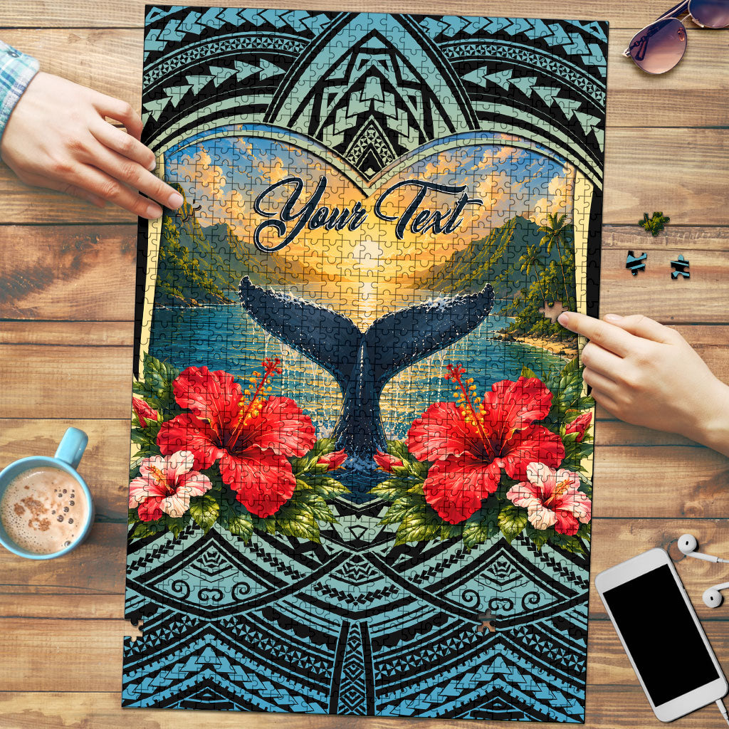Personalized Masefau American Samoa Whale Puzzle Polynesian Tribal Pattern Tropical Hibiscus TS04 Black Blue - Polynesian Pride