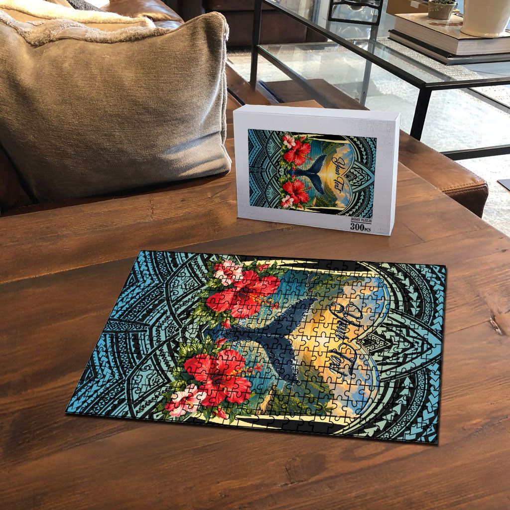 Personalized Masefau American Samoa Whale Puzzle Polynesian Tribal Pattern Tropical Hibiscus