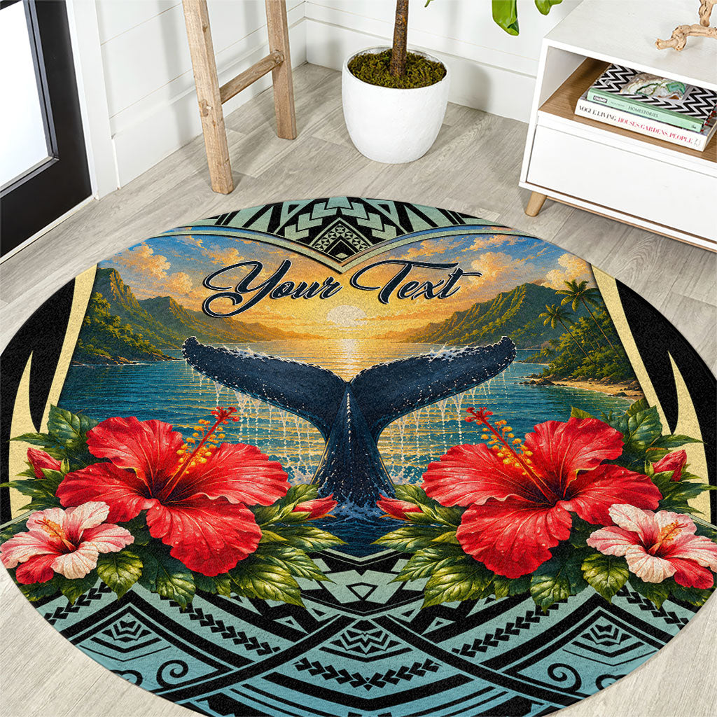 Personalized Masefau American Samoa Whale Round Carpet Polynesian Tribal Pattern Tropical Hibiscus TS04 Black Blue - Polynesian Pride