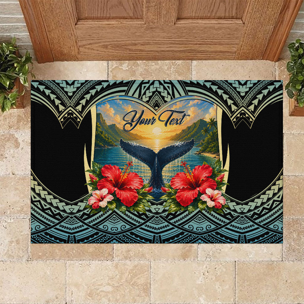 Personalized Masefau American Samoa Whale Rubber Doormat Polynesian Tribal Pattern Tropical Hibiscus