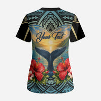Personalized Masefau American Samoa Whale Scrub Top Polynesian Tribal Pattern Tropical Hibiscus