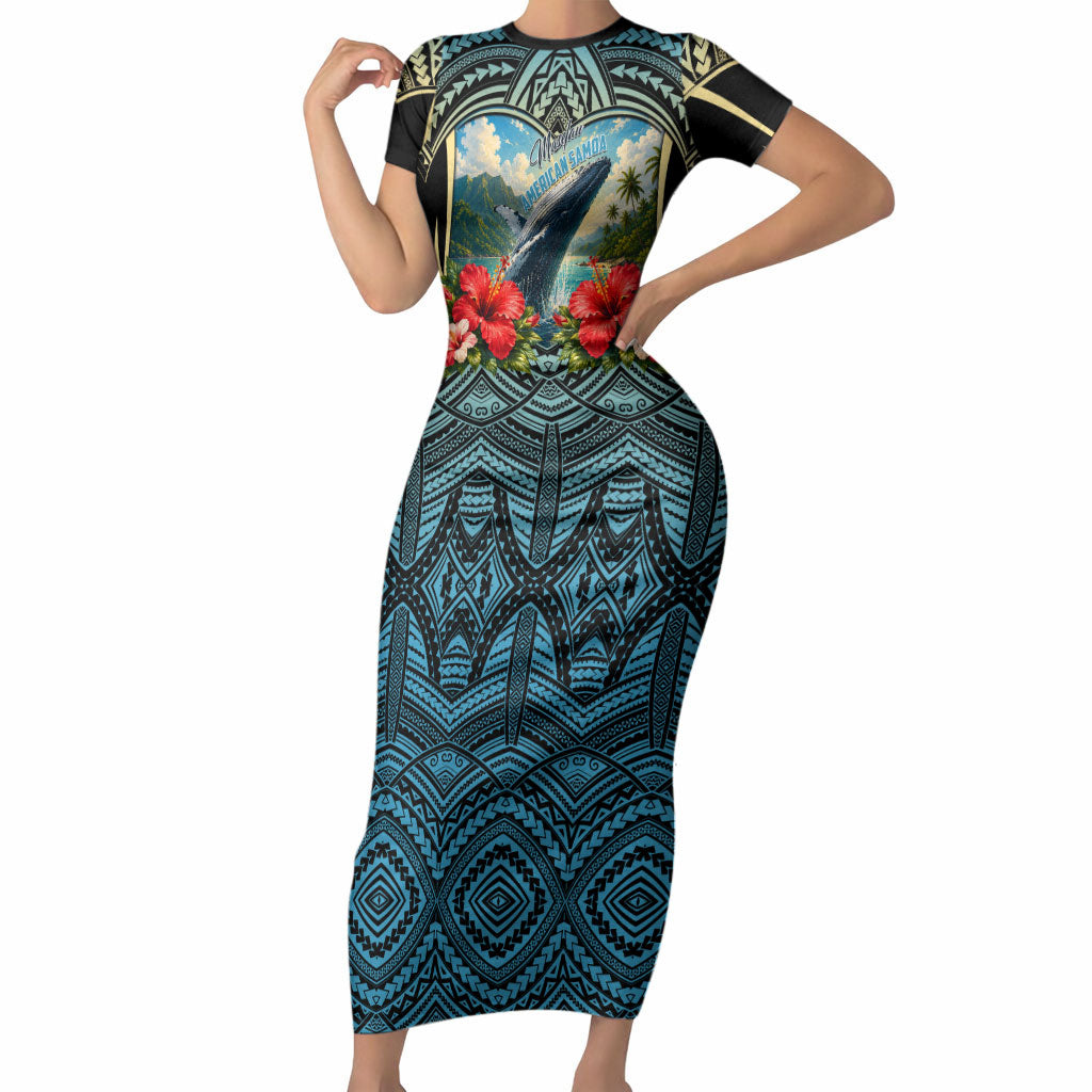 Personalized Masefau American Samoa Whale Short Sleeve Bodycon Dress Polynesian Tribal Pattern Tropical Hibiscus
