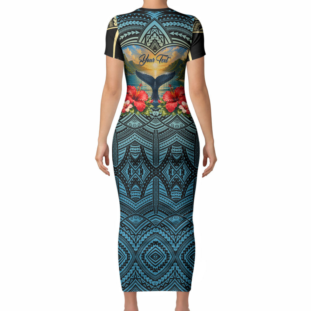 Personalized Masefau American Samoa Whale Short Sleeve Bodycon Dress Polynesian Tribal Pattern Tropical Hibiscus