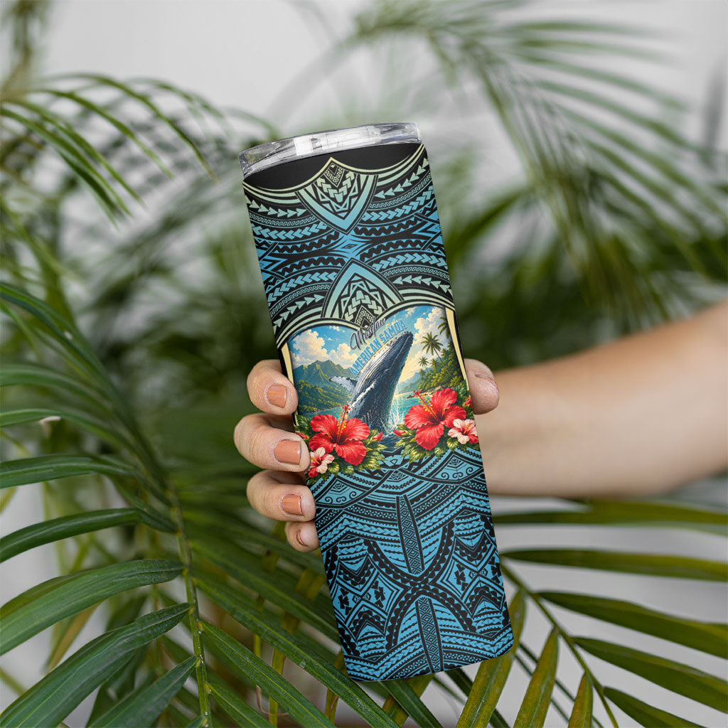 Personalized Masefau American Samoa Whale Skinny Tumbler Polynesian Tribal Pattern Tropical Hibiscus
