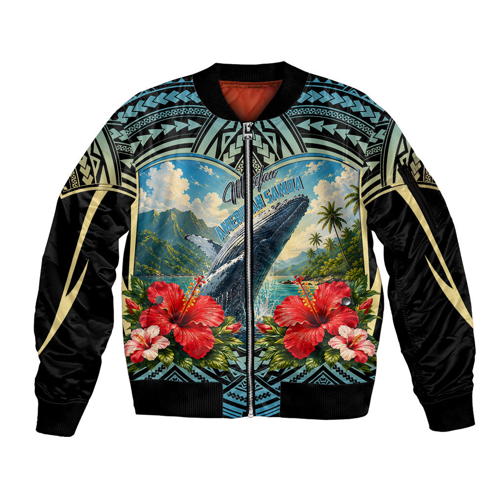 Personalized Masefau American Samoa Whale Sleeve Zip Bomber Jacket Polynesian Tribal Pattern Tropical Hibiscus