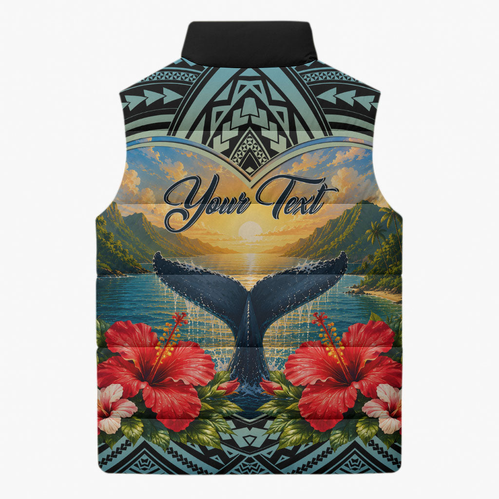 Personalized Masefau American Samoa Whale Sleeveless Puffer Jacket Polynesian Tribal Pattern Tropical Hibiscus