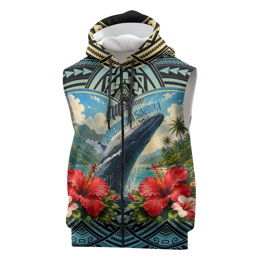 Personalized Masefau American Samoa Whale Sleeveless Zip Hoodie Polynesian Tribal Pattern Tropical Hibiscus