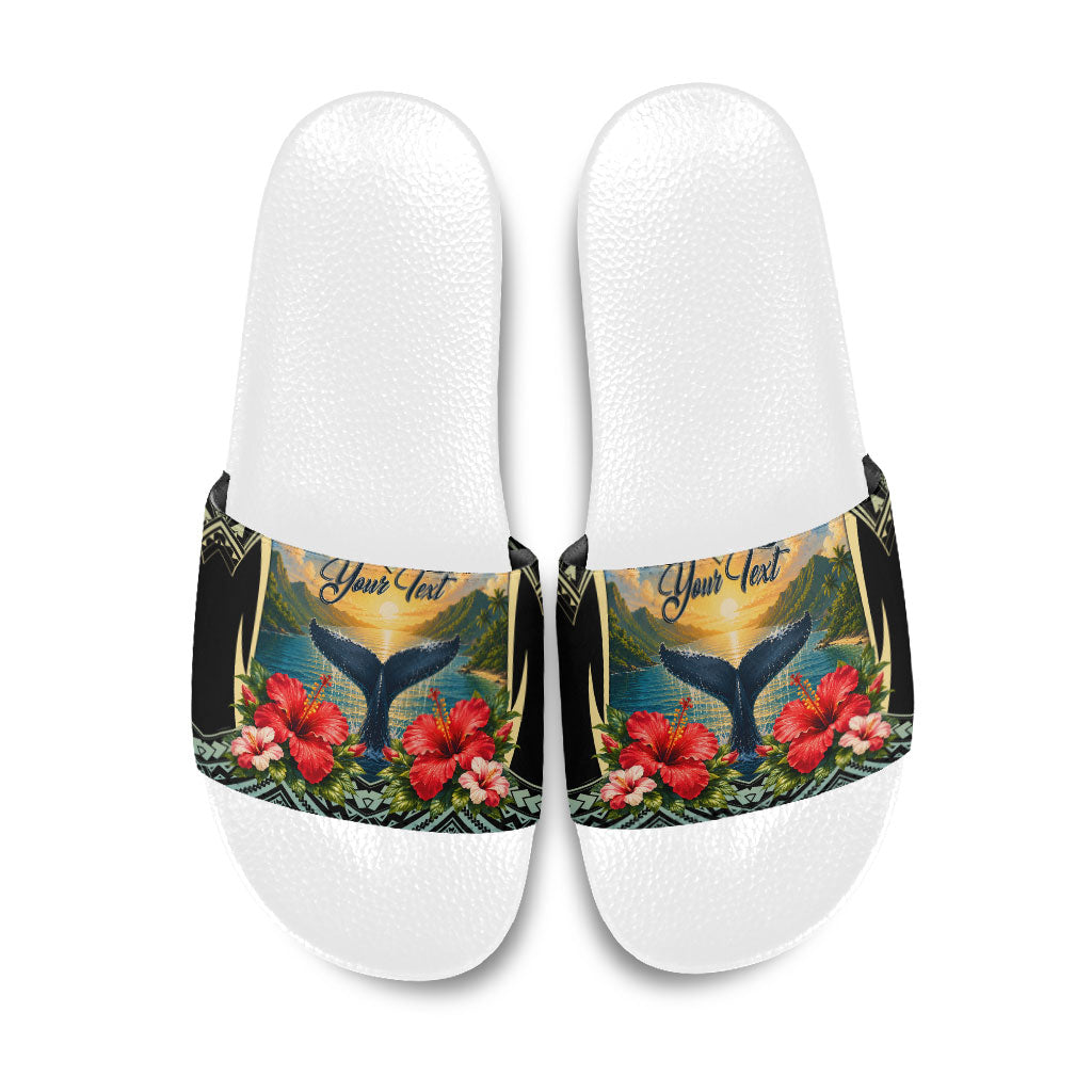 Personalized Masefau American Samoa Whale Slide Sandals Polynesian Tribal Pattern Tropical Hibiscus