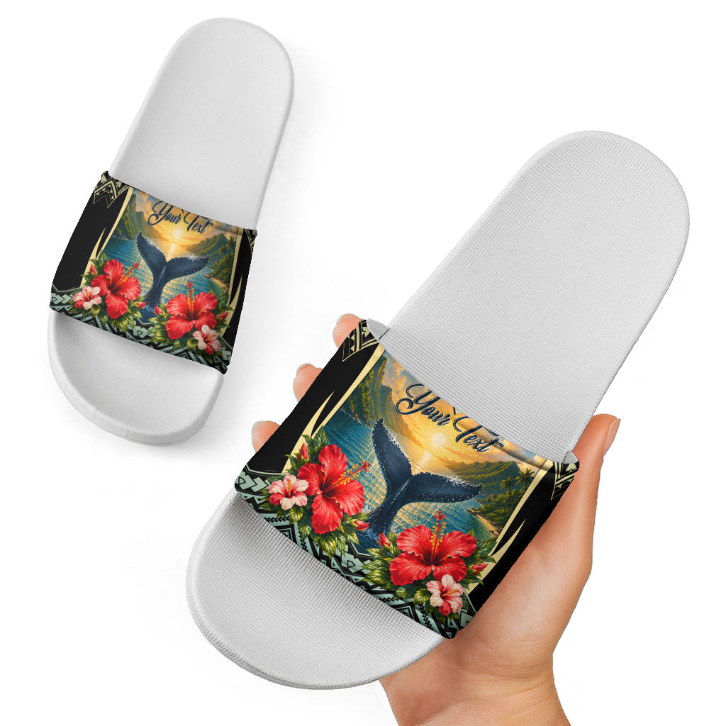 Personalized Masefau American Samoa Whale Slide Sandals Polynesian Tribal Pattern Tropical Hibiscus